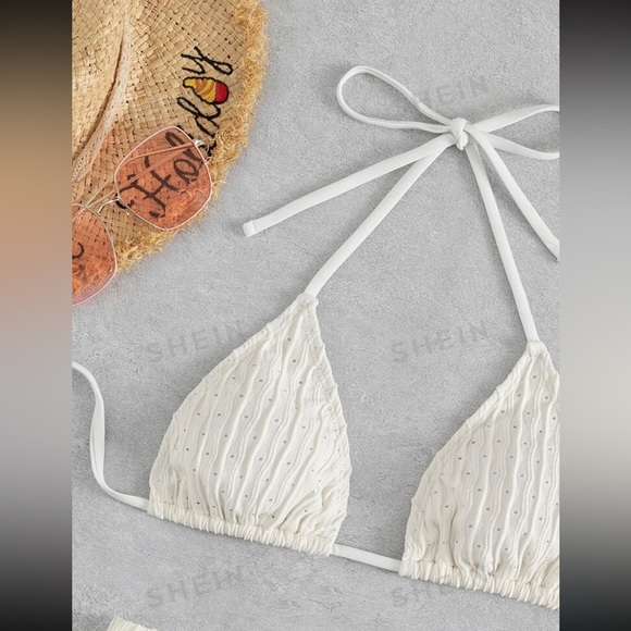 SHEIN White Ribbed Halter Triangle Bikini Boy Short Swim - Picture 4 of 6